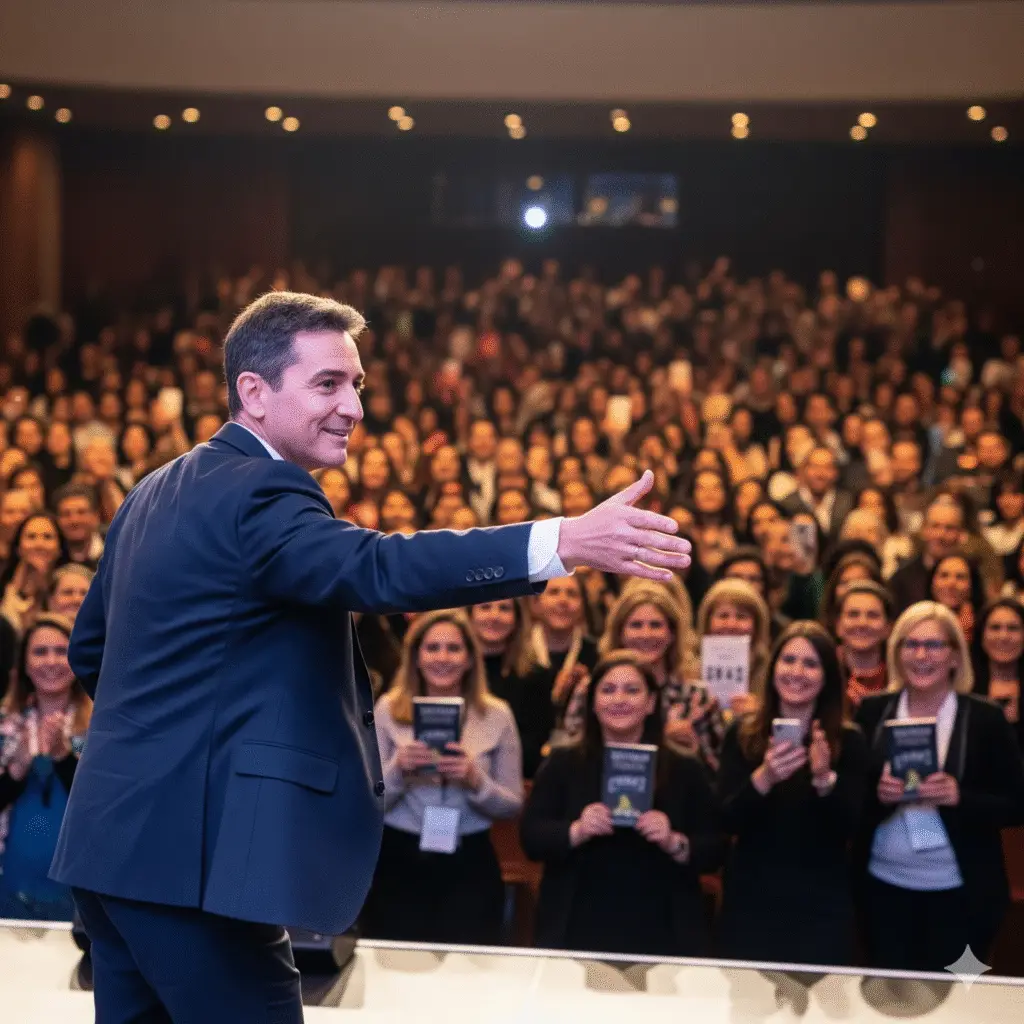 Foto de autor de libros en auditorio al presentar su libro Marketing de Libros para Autores por Editorial Barker Books